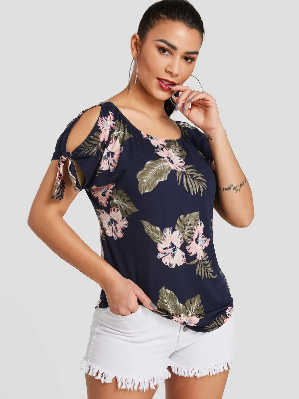 Wholesale Cold Shoulder Floral Print Short Sleeve Navy T-Shirts