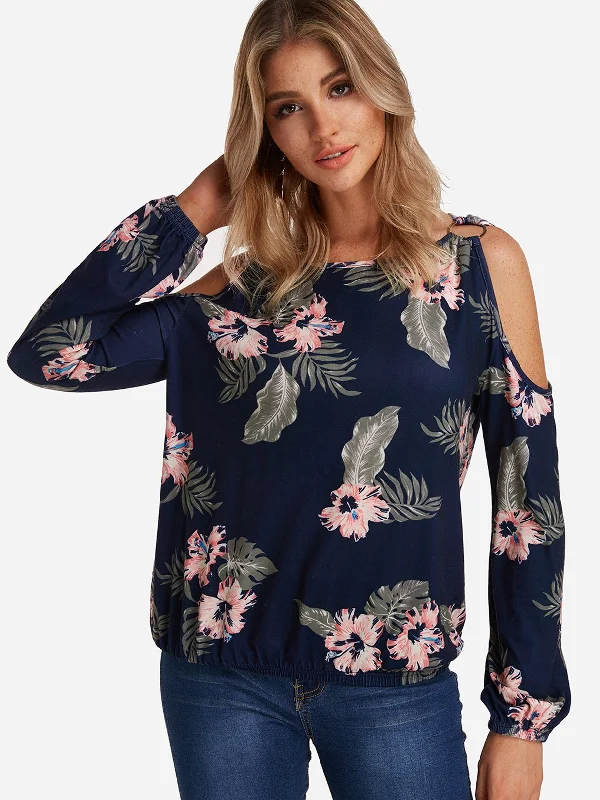 Custom Cold Shoulder Floral Print Cut Out Long Sleeve Navy T-Shirts