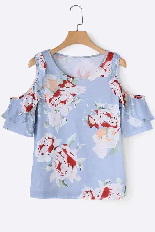 Custom Round Neck Cold Shoulder Floral Print Short Sleeve Light Blue T-Shirts