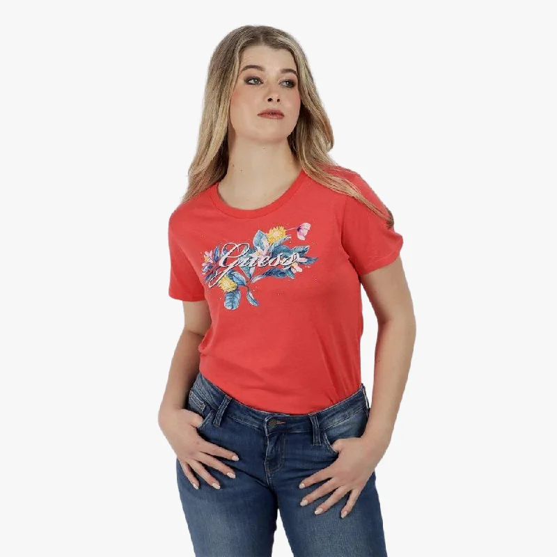 Guess Womens Tropical Script Short Sleeve Tee Coral