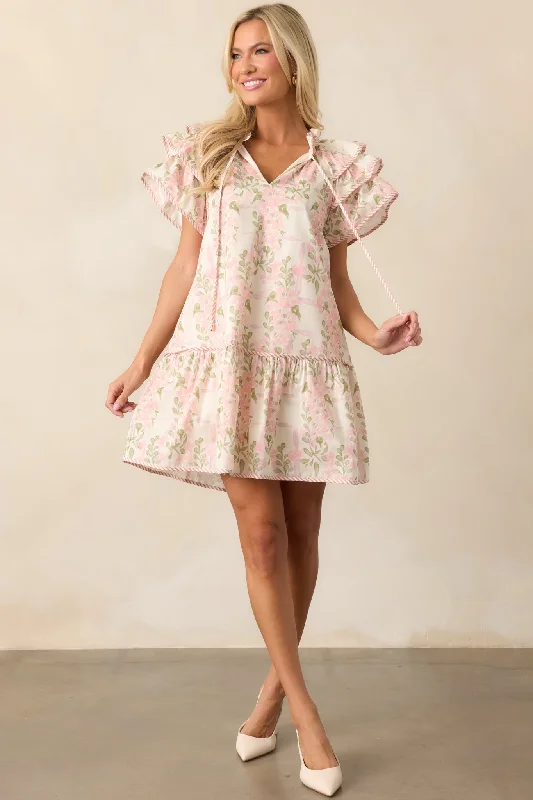 Garden Of Dreams Cotton Pink Flutter Sleeve Mini Dress