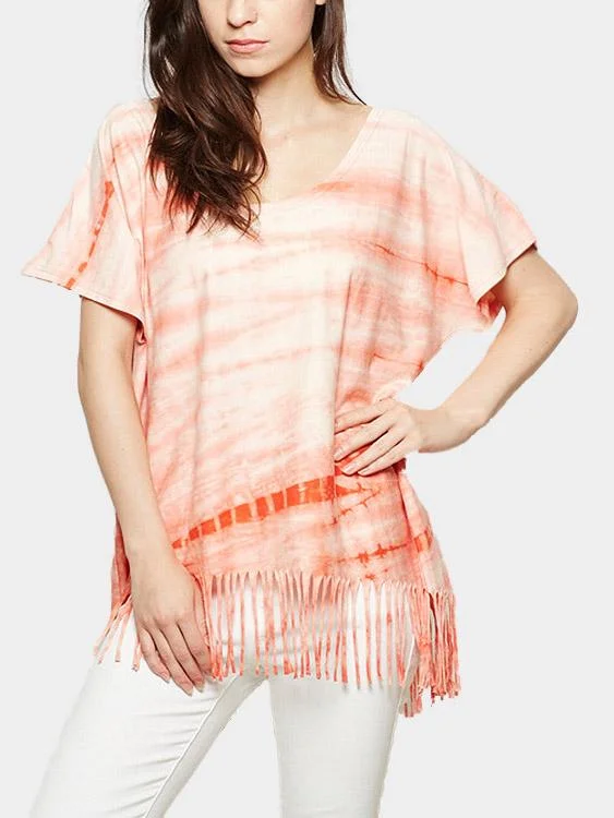 Custom Round Neck Stripe Tassel Half Sleeve Orange T-Shirts