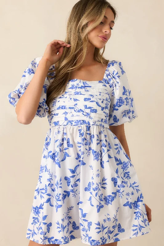 Meadow Stroll Cotton Blue Puff Sleeve Mini Dress