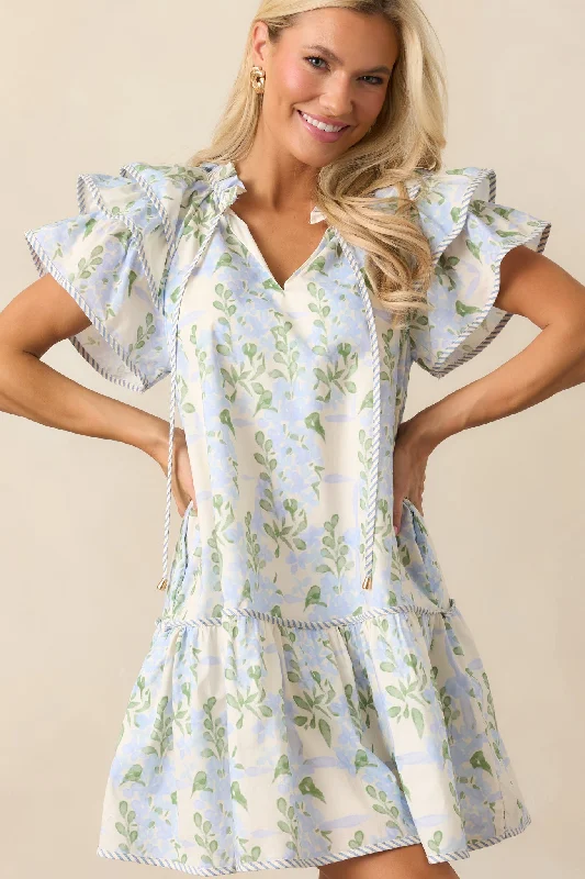 Garden Of Dreams Cotton Blue Flutter Sleeve Mini Dress