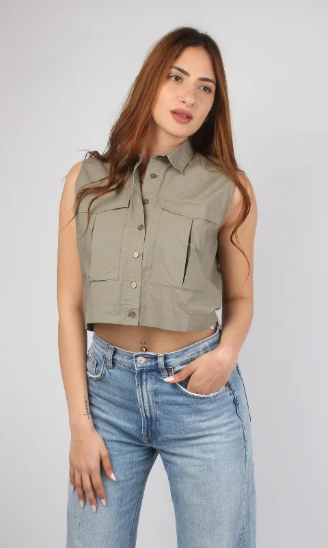 Women Sleeveless Crop Shirt Oversized (Oil Green)